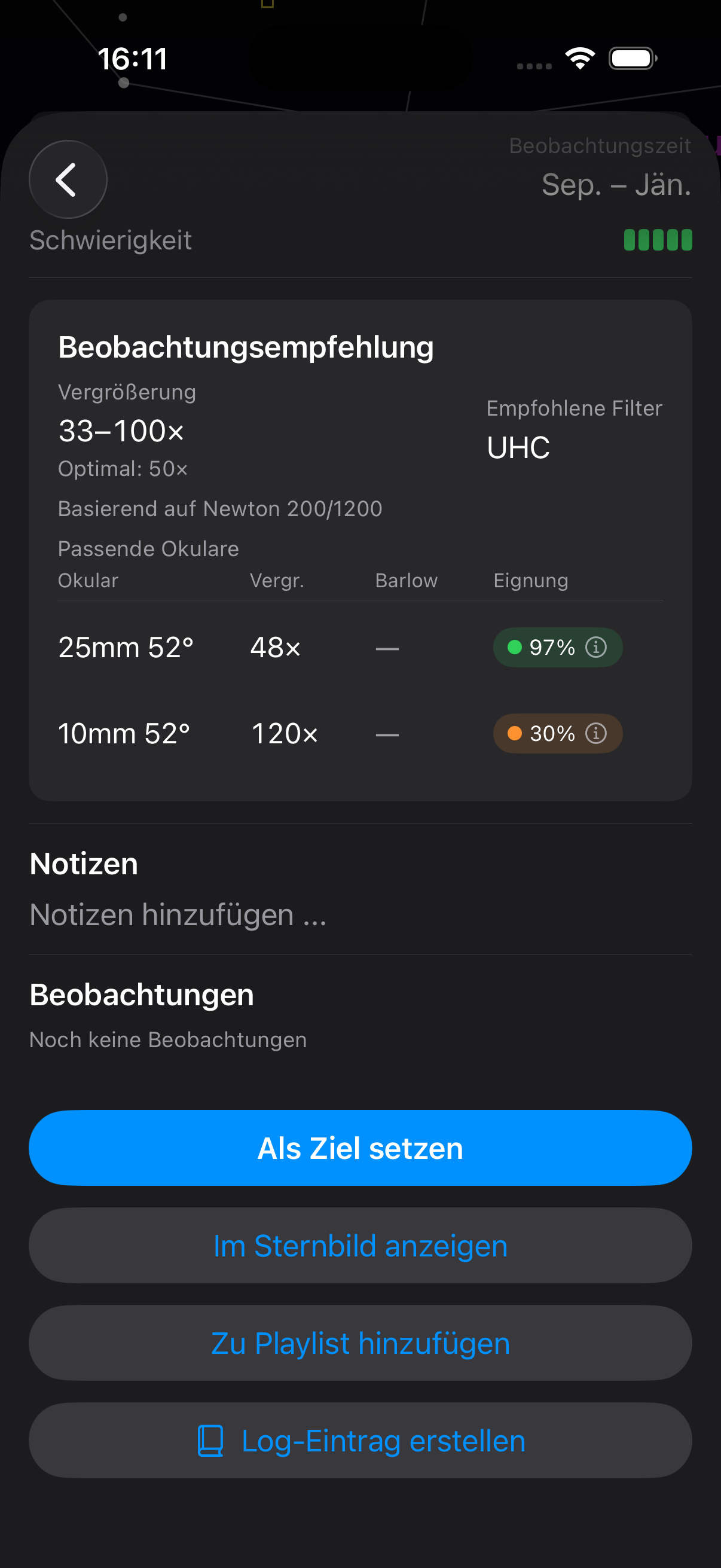Okularkombinationen und Aktionen
